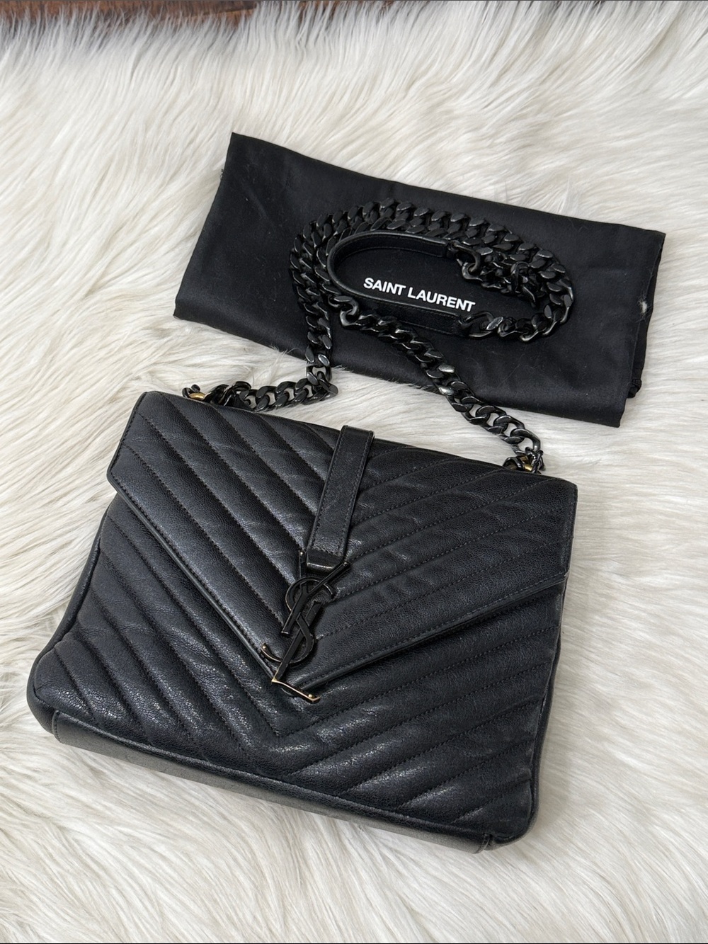 AUTHENTIC SAINT LAURENT YSL Black Matelassé Leather Monogram Chain Shoulder Bag